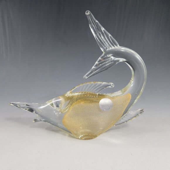 Murano Glass Swordfish Figurine Marlin Fish Paperweight Gold Fleck w Label Italy - Picture 4 of 12